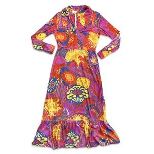 WOMEN'S TRUE VTG PSYCHEDELIC DRESS MAXI DRESS PRINT BRIGHT 70S GROOVY S